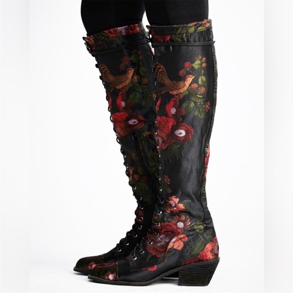 Jeffrey Campbell X Free People Floral Fabric Joe Boots Lace Up Knee High - Picture 4 of 5